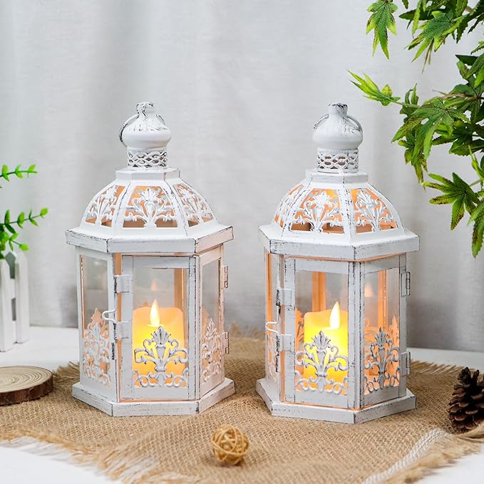 TRIROCKS Set of 2 Vintage Decorative Lanterns 9.5" H Hanging Lantern Metal Candleholder with Tempered Glass for Indoor Outdoor Home Decor Parties Garden Events Wedding(White with Grey Brush)