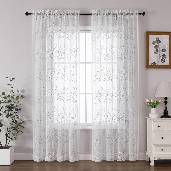 VISIONTEX Sheer Curtains 72 inch Length 2 Panels Set, Decorative Grey Coral Embroidery, Rod Pocket Embroidered Window Drapes for Living Room and Bedroom, 54" x 72"