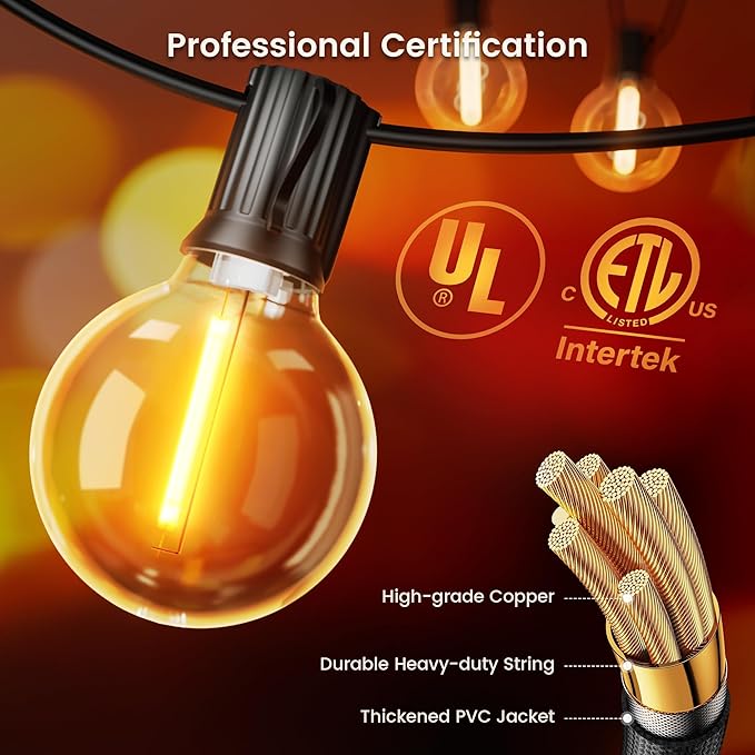 OHLUX Outdoor String Lights, 180FT G40 Globe LED Patio Lights with 82 Dimmable Plastic Bulbs 2 Spare, 2200K Waterproof Connectable Hanging Lights for Backyard Porch Cafe Party Decor, E12 Socket