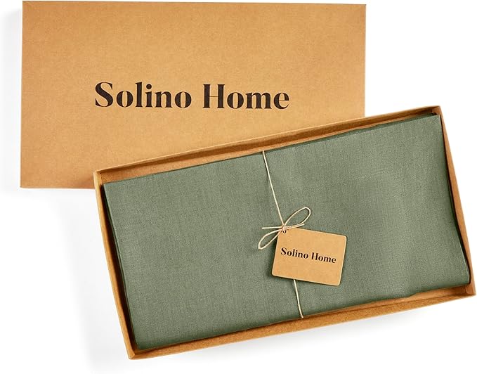 Solino Home Linen Square Tablecloth 52 x 52 Inch - 100% Pure Linen Oil Green Table Throw - Fete, Machine Washable Table Cloth for Fall, Autumn, Thanksgiving, Christmas