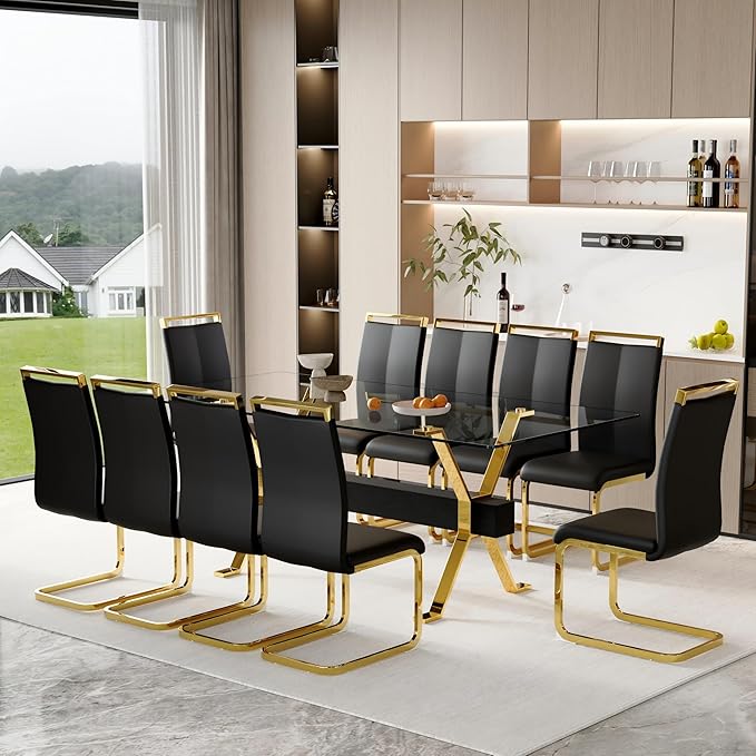 11 Piece Glass Dining Table Set, 79" Modern Dining Table Set for 10, 0.5" Thick Tempered Glass Tabletop with Gold Chrome Metal Legs and Black Crossbar, 10 PU Chairs for Dining Room, Kitchen