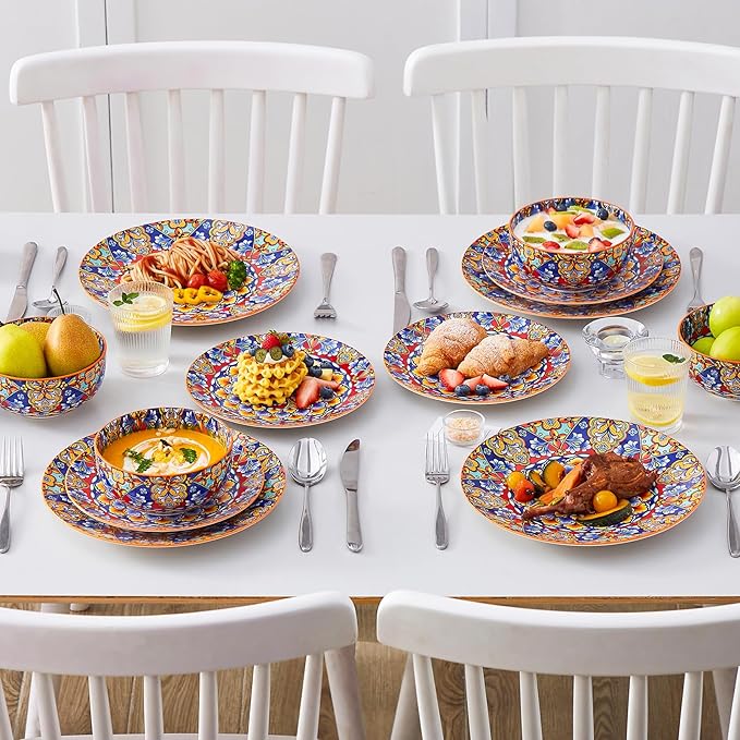 vancasso 12 Pieces Dinnerware Sets, Orange Plates and Bowls Set, Porcelain Dishes Set for 4, Microwave and Dishwasher Safe, Scratch Resistant, Bohemian Style Dining Ware Service for 4, Series SIMI