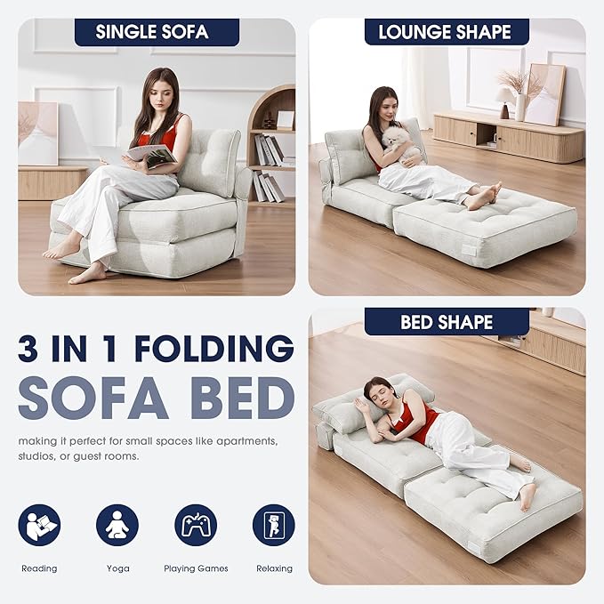 KINGYES Folding Sofa Bed, Convertible Sleeper Chair with Pillow, Foldable Single Futon Chair Floor Sofa Lounge for Living Room, Beige