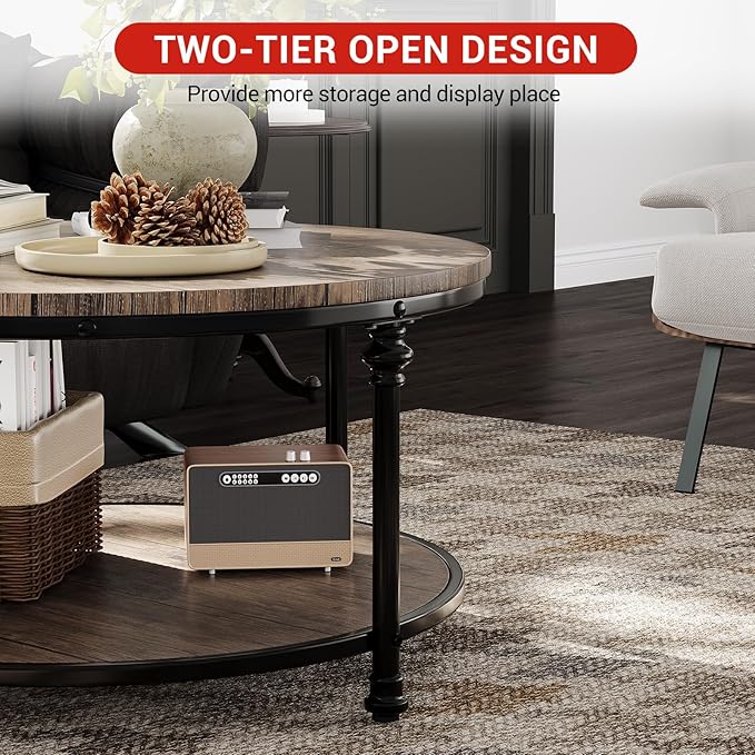 Garvee Round Coffee Table, 2 Tier Center Table with Storage for Living Room, 34.5 x 18 Inches, Wood Center Table for Living Room, Apartment, Easy to Assemble