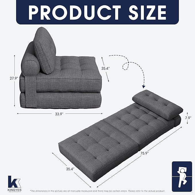 KINGYES Folding Sofa Bed, Convertible Sleeper Chair with Pillow, Foldable Single Futon Chair Floor Sofa Lounge for Living Room, Grey