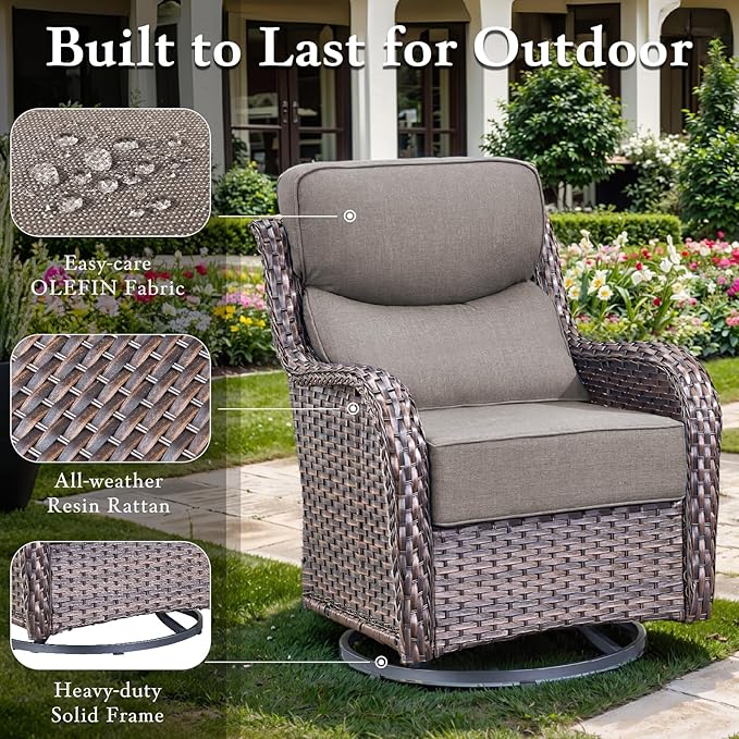 Luxury Outdoor Swivel Rocker Patio Chairs Set of 2, High Back Swivel Patio Chairs with 6-Inch Thick Cushions, Wicker Outdoor Gliders for Porch, Yard, Deck, Poolside, Brown/Grey