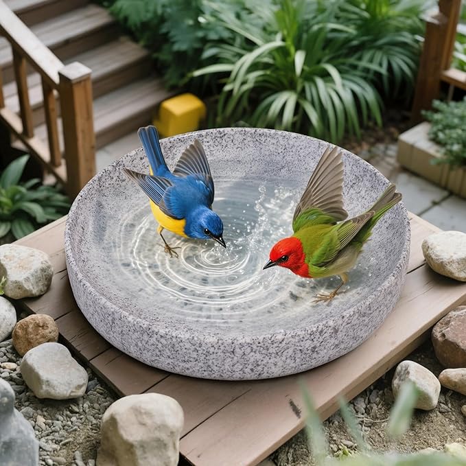 Stone Bird Baths for Outdoors,10inch Birds Bath Bowl with Hanging Accessories,Ground Bird Feeders and Birdbath Bowl, Bird Water Bowl for Balcony, Patio, Garden or Yard,Grey White