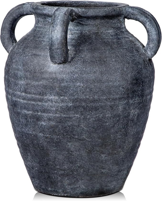 Handmade Flower Vase, 9.8" Tall Terracotta Vase, Vintage Ceramic vase, Rustic Antique Decor with 4 Handles, Wide Mouth, Matte Finish for Home Office Resto Café Décor