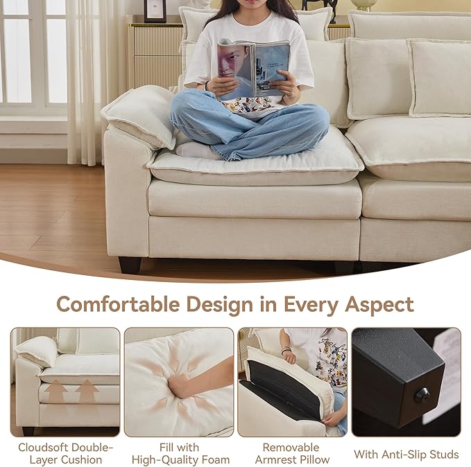 134'' Cloud Modern 4 Seater Couch with Detachable Headrest, Modular Sectional Sofa with 2 Ottoman, Oversized U Shape Chenille Comfy Sofa with Armrests for Living Room, Beige