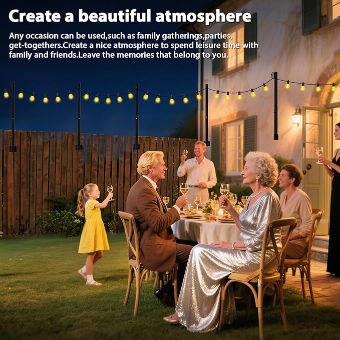 2.8Ft String Light Poles 8 Pack,Light Poles for Outside Lights,Outdoor with Fence Brackets Hanging Lights,Metal Stand Deck Patio Backyard