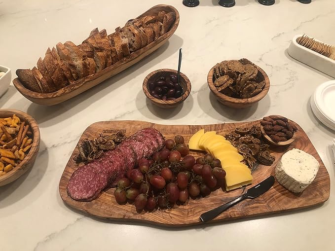 18-20" Rustic Olive Wood Bread Basket- Long Oval Dough Bowl Live Bark Edge. Artisan Serving Piece: Baguettes, Italian Bread, Food. In Med 14"/Lg 18" (Large 18-20x3-4x3)