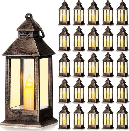 Hoolerry 24 Set Halloween Mini Lanterns with LED Candles 5.5'' Decorative Hanging Small Vintage Lantern Centerpiece Battery Powered for Wedding Table(Rustic)