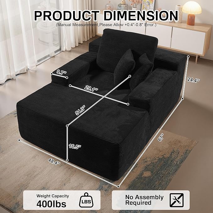 Chaise Lounge Chair Indoor, 67" Oversized Comfy Corduroy Sleeper Sofa Bed, Boneless Upholstered Recliner Bed with Pillows and Wide Armrests, Modern Cloud Couch for Living Room, Black