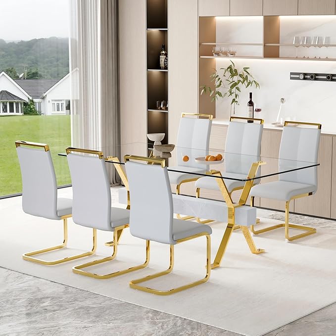 7 Piece Glass Dining Table Set, 79" Modern Dining Table Set for 6, 0.5" Thick Tempered Glass Tabletop with Silver Chrome Metal Legs and Grey Crossbar, 6 PU Chairs for Dining Room, Kitchen