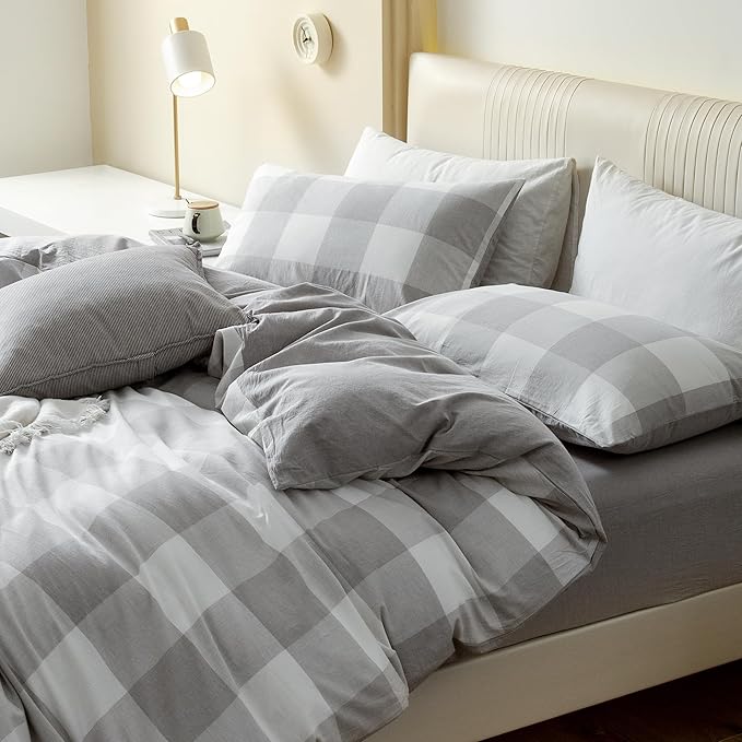 JIYUAN 100% Washed Cotton Duvet Cover Set 3 Pieces King, 1 Duvet Cover 104x90 Inches(Comforter Not Included) and 2 Pillowcases,Linen Feel Bedding Set Comfy and Breathable, Heathered Plaid Grey