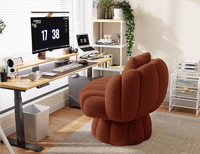 Mid Century Modern 360 Degree Barrel Swivel Accent Vanity Chair,Fluffy Sherpa Fabric Lounge Wide Upholstered Pumpkin Reading Chair, Round Cloud Armchair for Living Room,Bedroom,Vanity(Burnt Orange)