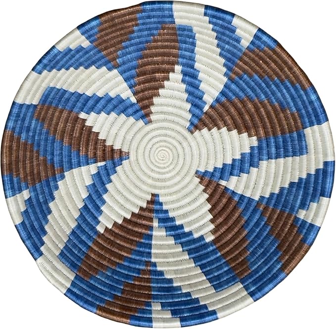 Handwoven African Basket Handmade sisal Fruit Bowl Wall Hanging decorative Baskets for Home Living Room Kitchen Centerpiece Zen Designs Arts and Crafts (Blue Brown Natural, 10in diameter)