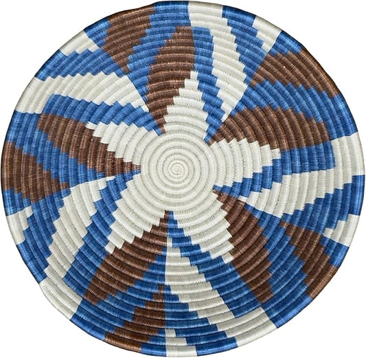 Handwoven African Basket Handmade sisal Fruit Bowl Wall Hanging decorative Baskets for Home Living Room Kitchen Centerpiece Zen Designs Arts and Crafts (Blue Brown Natural, 8in diameter)