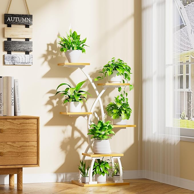 Plant Stand Indoor with Grow Lights - 6 Tiered Plant Shelf Indoor, 36" Corner Plant Stands for Indoor Plants Multiple, Metal Curved Flower Holder Display Rack for Patio, Balcony, Home Decor, White