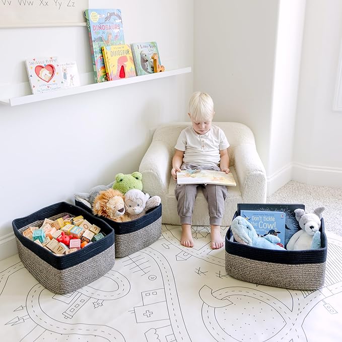 NaturalCozy Storage Baskets 16.8”x13”x7.6” Cotton Rope Woven Baskets for Organizing 3-Pack | Toy Storage Bins | Basket for Shelves, Laundry, Blanket, Clothes, Closet, Kitchen, Bathroom, Gifts