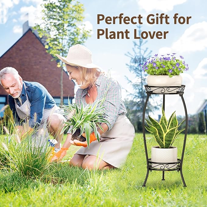 LASZOLA 2 Tier Black Plant Stand Indoor Outdoor for Large Tall Flower Planters on Patio, Heavy Duty Metal Multi Vertical Rack for Narrow Floor Corner, Sturdy Round Holder Organizer Modern Mid Century