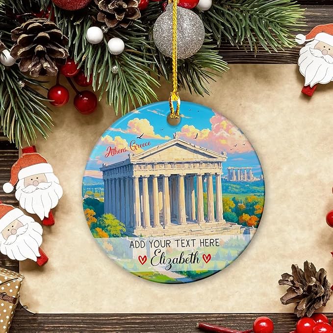 Personalized Athens. Greece Ceramic Christmas Tree Ornament 2025, Parthenon Temple On The Acropolis Xmas Ornaments, Custom Text/Name Greece Travel Souvenir Christmas Ornament Gifts for Family Friends