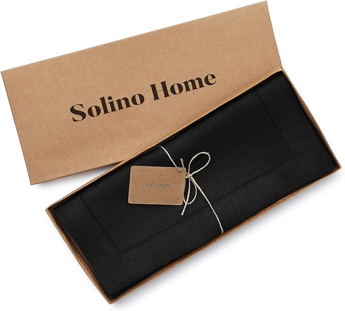 Solino Home Linen Black Table Runner 90 Inches Long - 100% Pure Linen Hemstitch 14 x 90 Inch Table Runner for Dining, Fall, Autumn, Halloween, Thanksgiving, Holiday - Classic Hemstitch