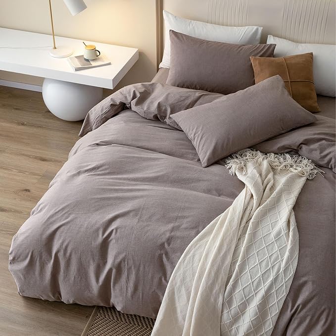 JIYUAN 100% Washed Cotton Duvet Cover Set 3 Pieces Oversized King, 1 Duvet Cover 120x98 Inches(Comforter Not Included) and 2 Pillowcases,Linen Like Comfy and Breathable, Heathered Mauve Brown