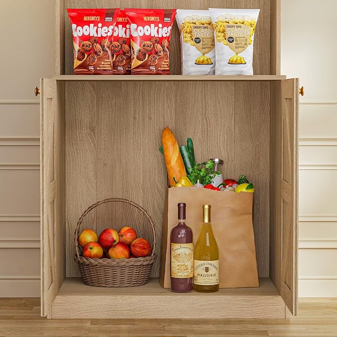 Vyre 71" Farmhouse Kitchen Pantry Cabinet, Brown Freestanding Coffee Bar Hutch with Glass Doors & Adjustable Shelves, Large Storage Cabinet with Microwave Stand for Living Room & Kitchen