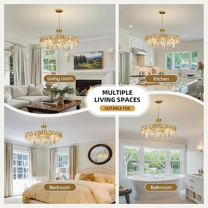Modern Large Round Crystal Chandelier - 31.5'' Luxury K9 Crystals Chandeliers for Dining room,3 Tier Raindrop Chandelier for Living room,Gold Contemporary Light Fixture for Bedroom Foyer Kitchen