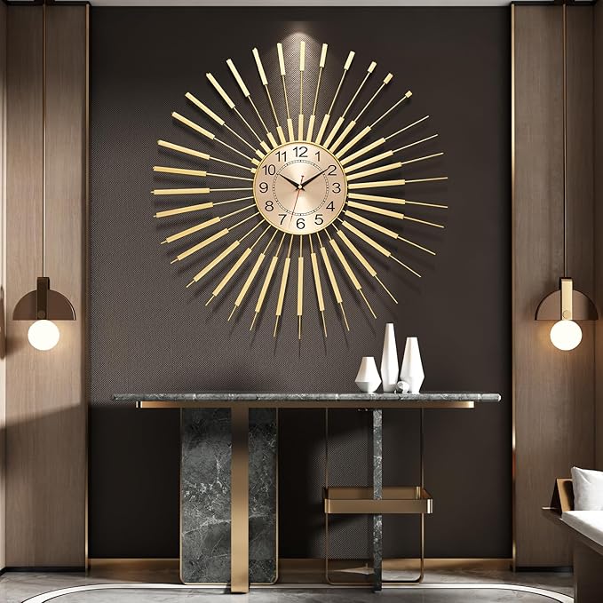 Wall Clock Large 23 Inch - Starburst Sunburst Round Gold, Modern Non-Ticking Battery Operated Silent Decorative Clock for Living Room Bedroom Kitchen Office