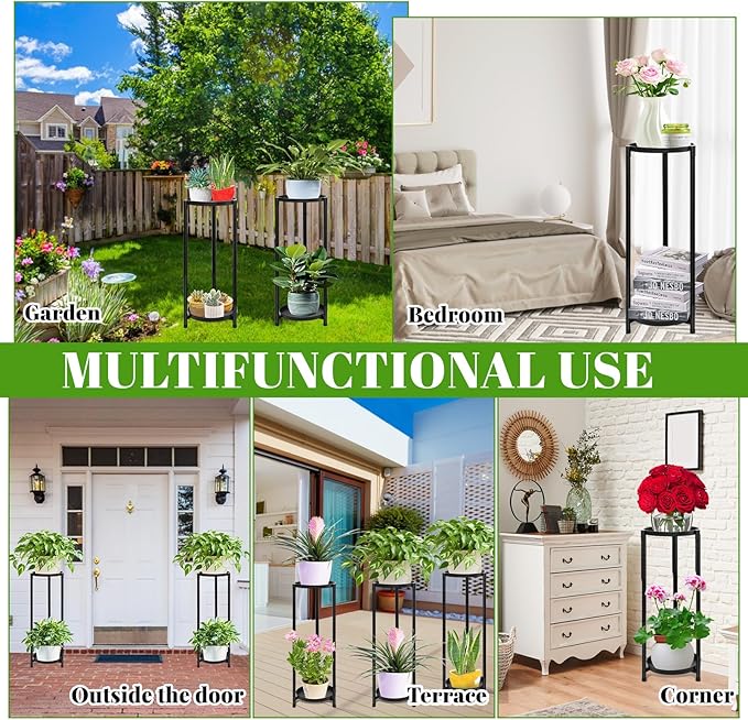 2 Tier Round Tall Metal Plant Stand indoor outdoor, Rustproof Round Planter Display Storage Rack, Heavy Duty Potted Holder for Home Garden Patio Bathroom Living Room(Black)