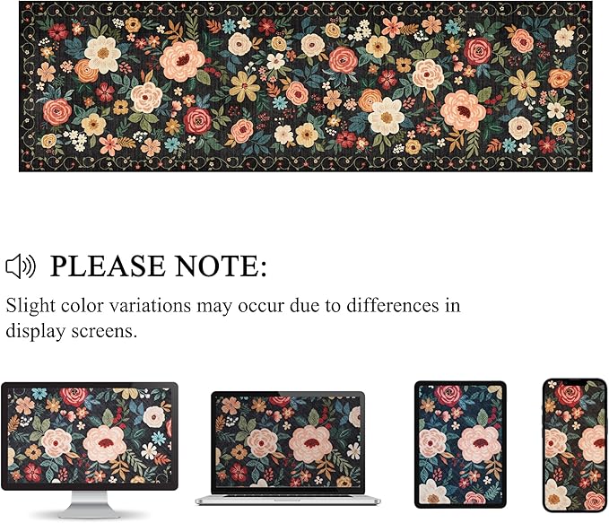 DUKINO Runner Rug, 2x10 Kitchen Runner Rug for Hallway with Non Slip Backing, Washable Low Pile Soft Boho Floral Carpet for Kitchen, Entryway, Hallway, Laundry, Bedroom, Black