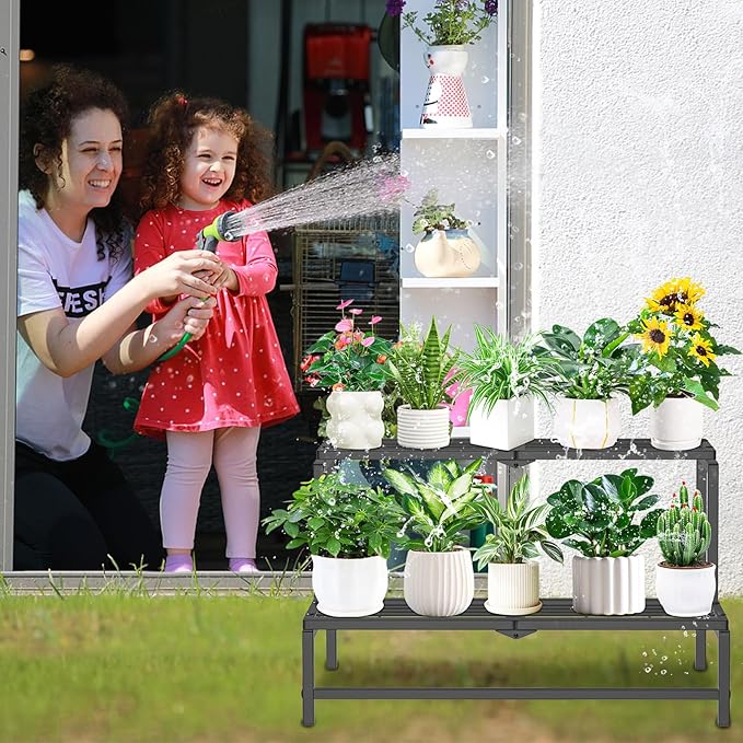 2 Tier Plant Stand Indoor Outdoor, Heavy Duty Metal Tall Plant Shelf for Multiple Flower Planter Holder, Ladder Pot Display Rack for Patio Garden Corner Balcony Living Room (Black)