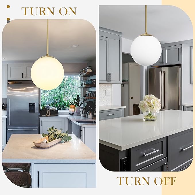 13.7" Globe Pendant Light 3-light Gold Mid Century Modern Light Fixture Milk Glass Pendant Light Globe Pendant Lights Kitchen Island Brushed Brass Finished with Milk Glass Lampshade for bedroom