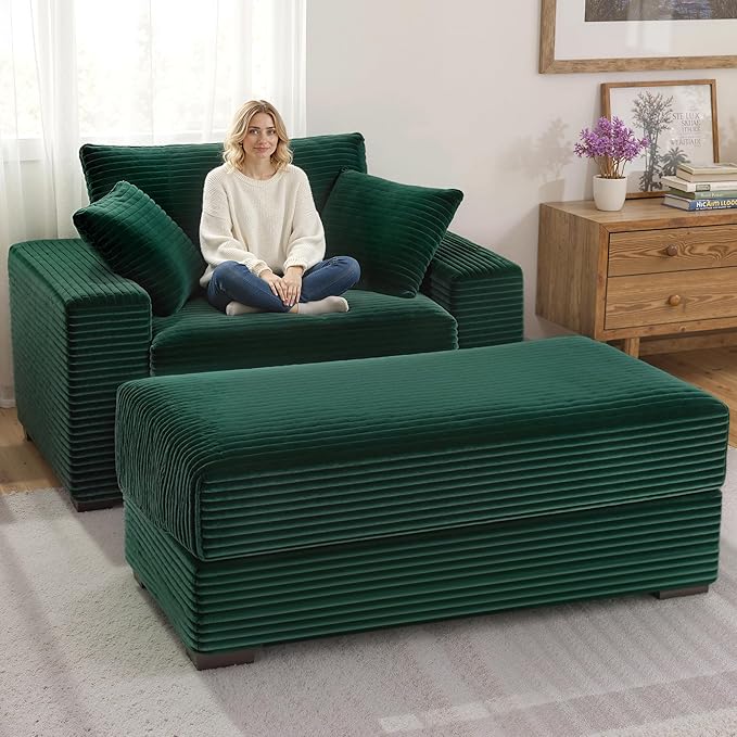 Indoor Chaise Lounge Chair With Storage Ottoman, Modern 60-Inch Lounge Sofa Chair With Wide Armrests & 4 Pillows, Oversized Comfy Reading Lounger For Living Room, Bedroom（Wide-Rib Corduroy Green)