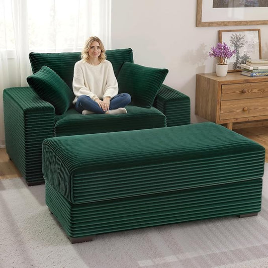 Indoor Chaise Lounge Chair With Storage Ottoman, Modern 60-Inch Lounge Sofa Chair With Wide Armrests & 4 Pillows, Oversized Comfy Reading Lounger For Living Room, Bedroom（Wide-Rib Corduroy Green)