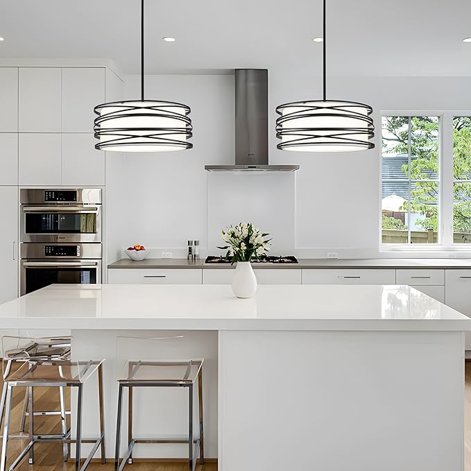 16" Black Drum Pendant Lighting Kitchen Island 3-Light Modern Farmhouse Chandelier with White Fabric Shade Rustic Hanging Light Fixtures for Dining Room Hallway Bedroom Foyer