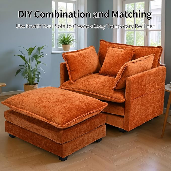 SweetGO corporation 40" Chenille Lounge Chair for Reading, Modern Couch Cozy Sofa Bed, Upholstered Living Room Single Sofa Accent Chair with Ottoman, Orange