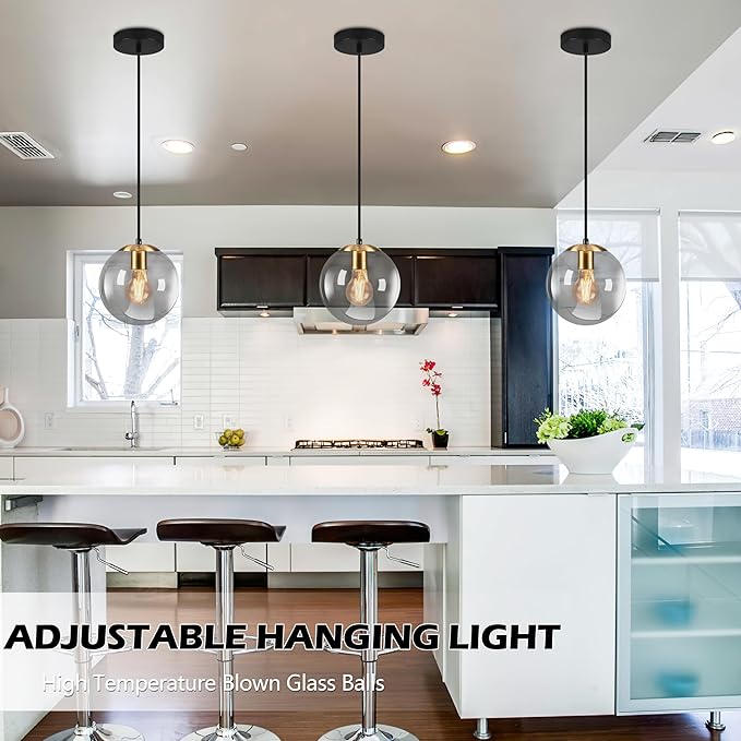 KoKo&Yukina 8 Inch Gold Pendant Light Globe Pendant Lights Kitchen Island Mid Century Light Fixture with Grey Glass Shade Adjustable Globe Cluster Lights for Dining Room Living Room