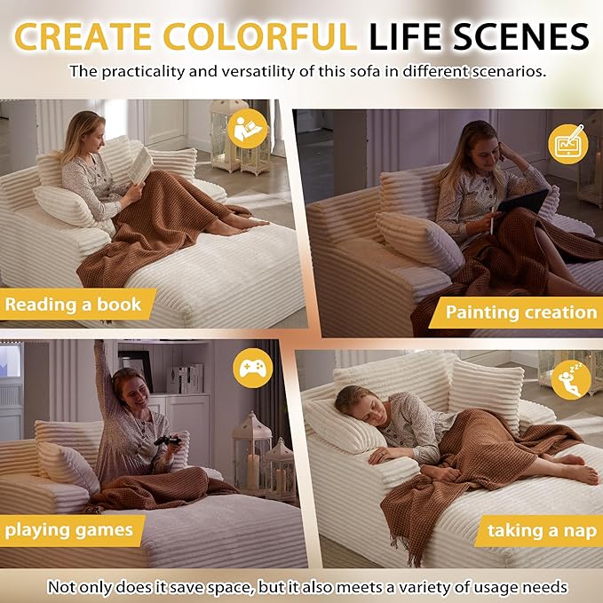 Boneless Couch Sofa Chiar Chaise Lounge Chair Indoor Upholstered Corduroy Couch Cloud Sleeper Sofa Oversized Reading Chair for Living Room No Assembly Required (White, 50" W x 80" D)