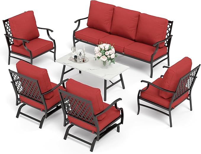 HERA'S HOUSE 6 Piece Patio Furniture Set, 2 x Rocking Chair, 2 x Fixed Chair, 1 x 3-Seat Sofa with Marbling Coffee Table, Outdoor Conversation Set for Lawn Garden Backyard, Red