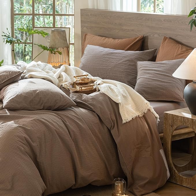 MooMee Wavy Striped Duvet Cover Set 100% Washed Cotton Linen Like Textured Breathable Durable Soft Comfy (Brown, Super King 108"x98")