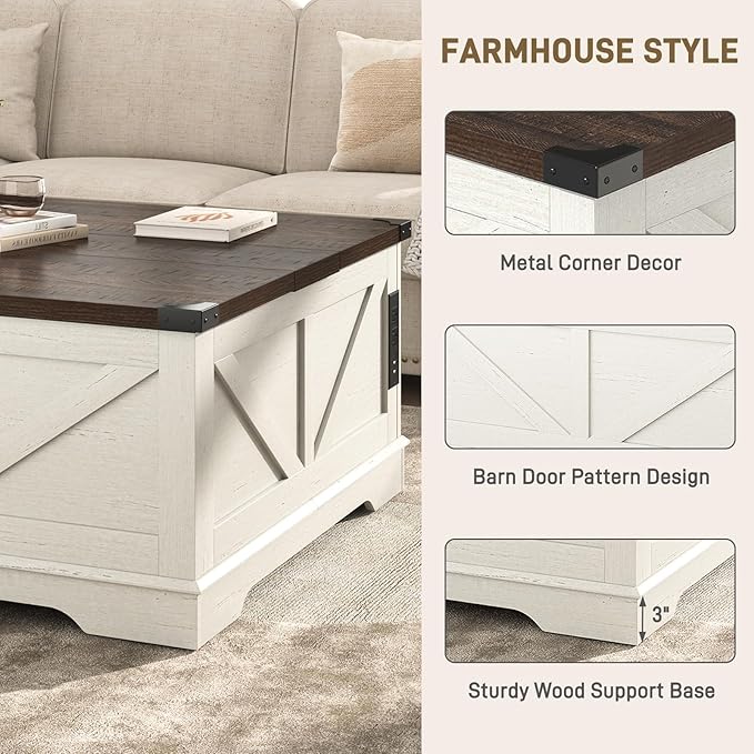 40” Large Farmhouse Lift Top Coffee Table with Power Outlets and Large Hidden Storage, Square Wood Living Room Tables, Multi-Function Lift Wooden Barn Door Center Table, Rustic White