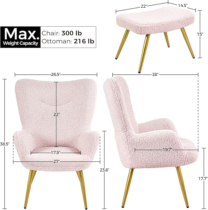 Yaheetech Accent Chair with Ottoman, Boucle Fabric Armchair Footstool, Modern and Cozy Vanity Chair with Golden Legs for Living Room, Lounge, Makeup Room, Bedroom, Pink