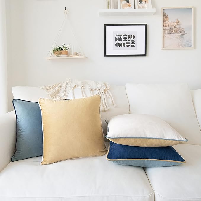 MONDAY MOOSE Decorative Throw Pillow Covers Cushion Cases, Set of 4 Soft Velvet Modern Double-Sided Designs, Mix and Match for Home Decor, Pillow Inserts Not Included (20x20 inch, Blue/Beige)