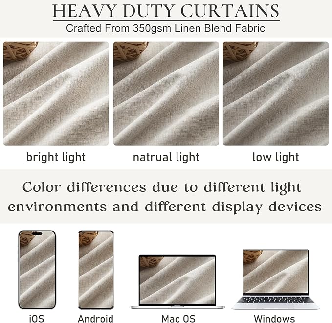 90 Inch Blackout Curtains for Living Room Thermal Noise Reduction Sliding Door Total Two Burg Country Style Linen Window Curtains & Drapes for Track System Back Tab/Pinch Pleat, Ivory Cream Set of 2