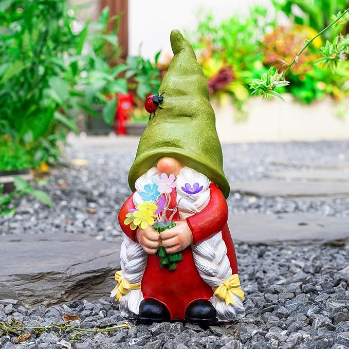 Solar Garden Gnome Lady Statues Outdoor Gnomes with Flowers Lights Fall Porch Patio Lawn Yard Decoration - Ideal Christamas Gardening Birthday Gifts for Woman Mom