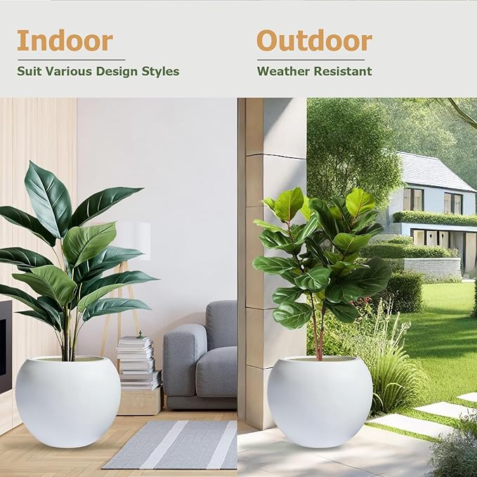 12.8" H x 16" D Globo Fiberstone Round Planter with Drainage Hole, Weather Resistant, Smooth Finish, Planters for Indoor Plants & Outdoor, 2 Extra Coco Mats (White, 10.7" Pot Opening)