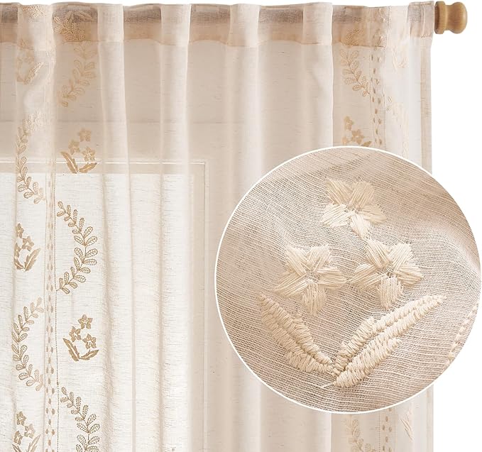 jinchan Belrose Linen Sheer Curtains for Living Room 84 Inch Length Sheer Voile Embroidered Floral Curtains for Bedroom Light Filtering Rod Pocket Window Treatments Farmhouse Decor 2 Panels Beige